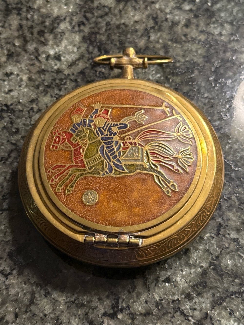 Antique Style Brass Enamel Compact ashtray with Red and Gold Horse Motif